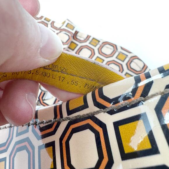 TORY BURCH Yellow Pink Geometric Print Patent Leather Miller Sandals Size 8 - Picture 9 of 11